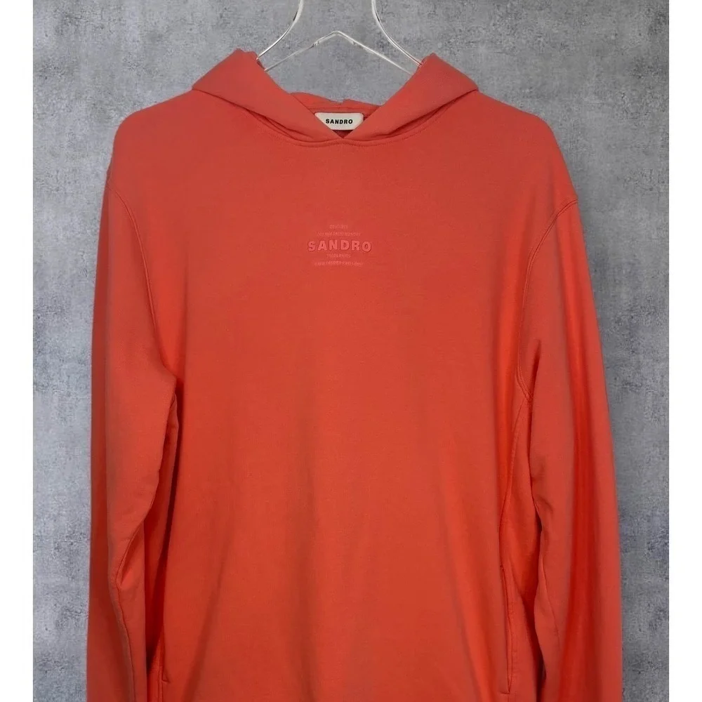 Sandro Paris Coral Pink Embossed Logo Hoodie Sweatshirt Size Extra Large - Picture 5 of 15